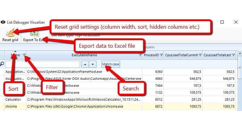 Use grid column commands to sort and filter data, and toolbar commands to export data to excel and reset grid settings.