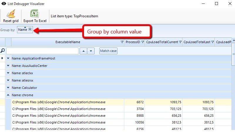 Drag a column header to group data by that column.