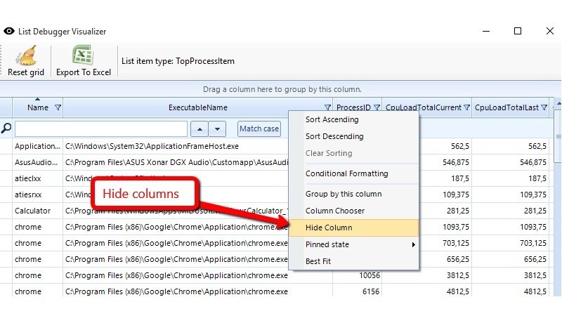 Right click on column header brings context menu with more options.